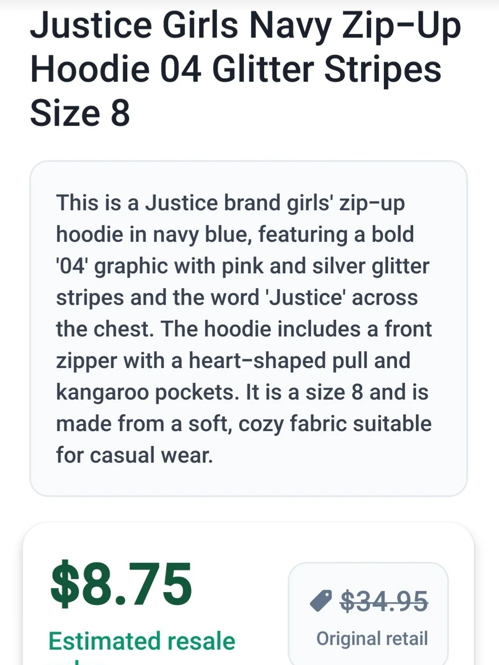 Justice Navy and Pink '04' Zip-Up Hoodie